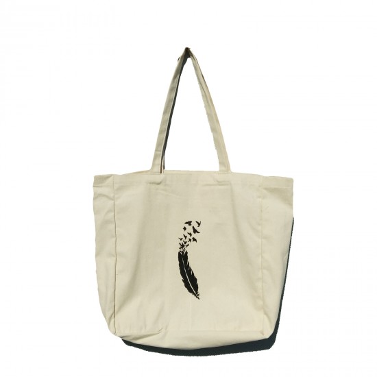 Hand Painted Feather Cotton Canvas Shopping Bag